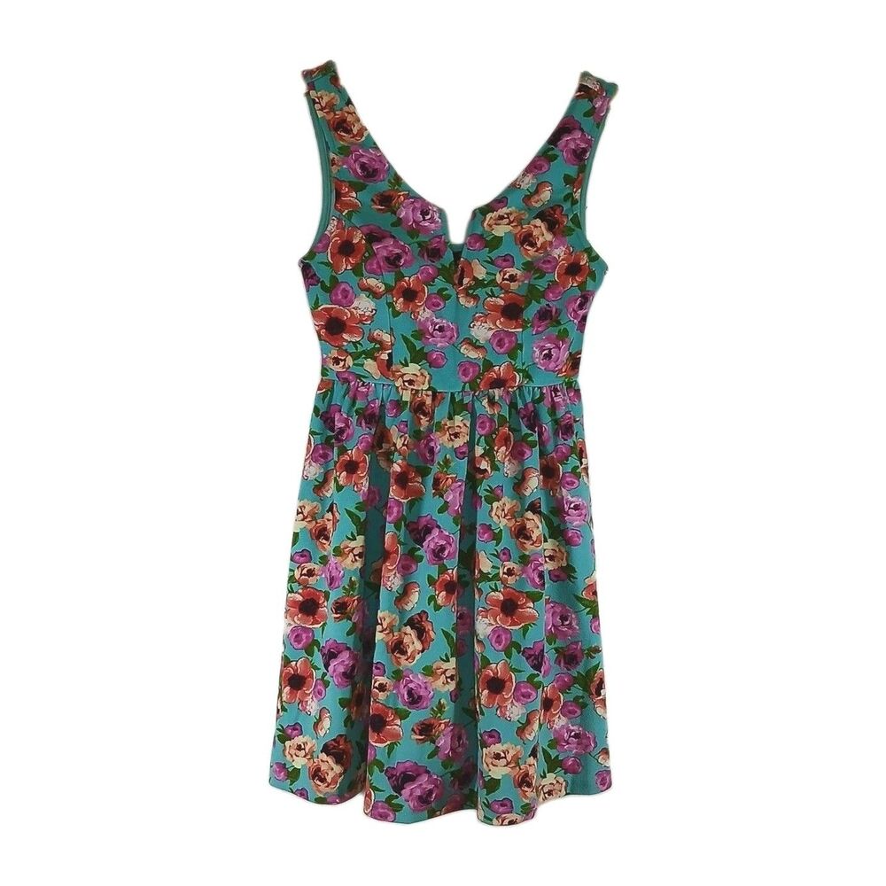 Oboe Floral Fit & Flare Mini Dress Turquoise Blue Pink Small Cottagecore Fairy